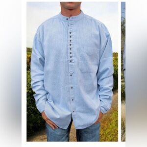 Civilian Blue White Pinstripe Grandfather Shirt 100% Cotton L Made In Ireland